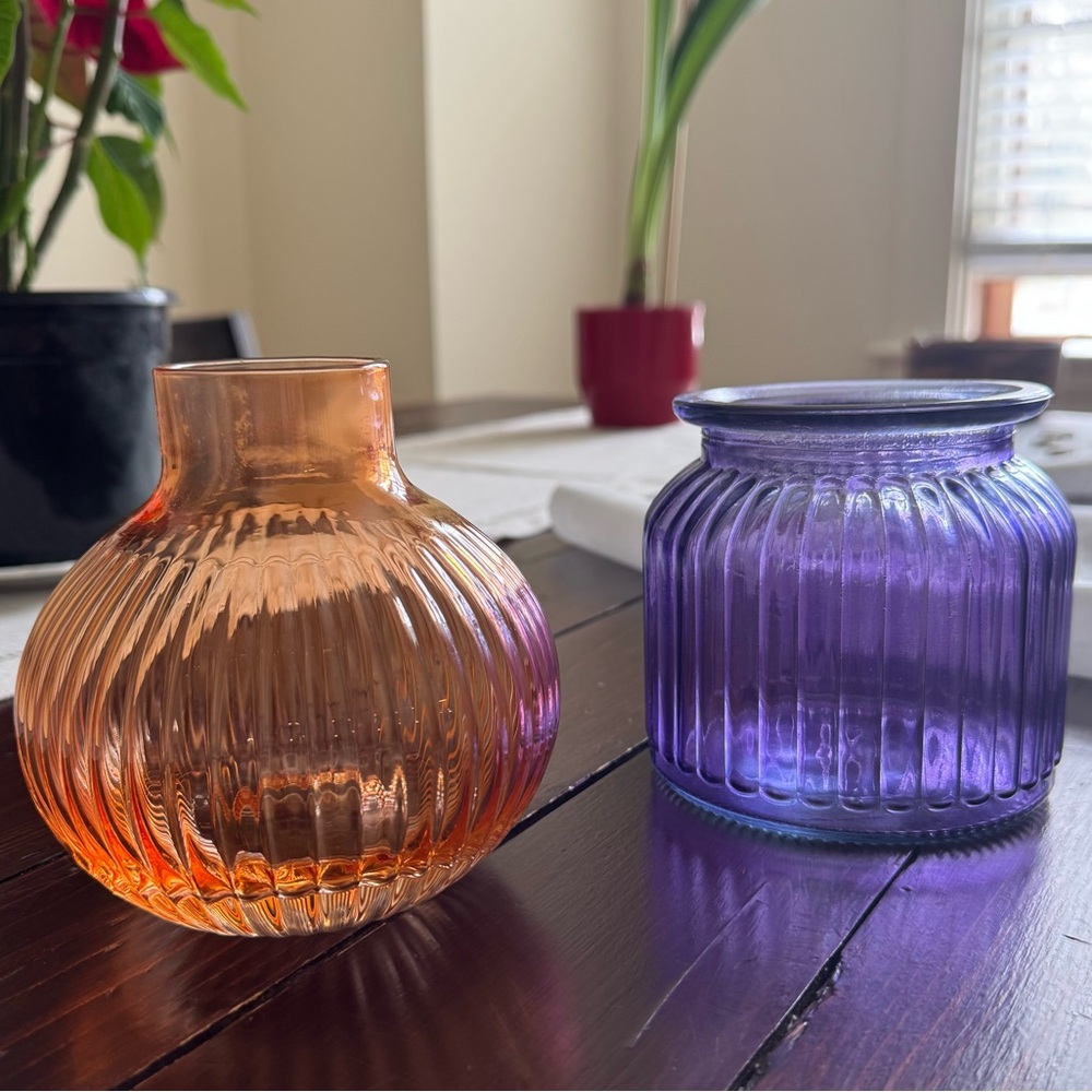 Set of 2 Glass Jars. Orange and Purple with No Chips. Vintage Inspired.